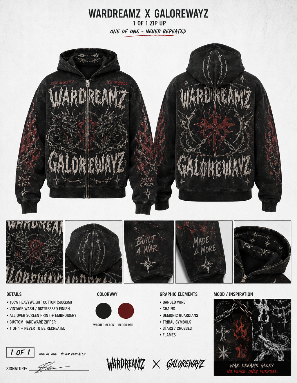 Black hoodie with 'Wardreamz x Galorewayz' branding and design details on a white background.