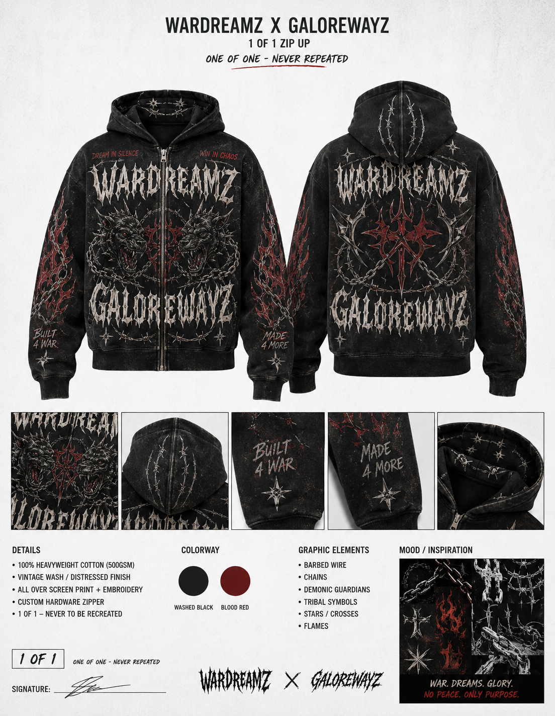 Black hoodie with 'Wardreamz x Galorewayz' branding and design details on a white background.