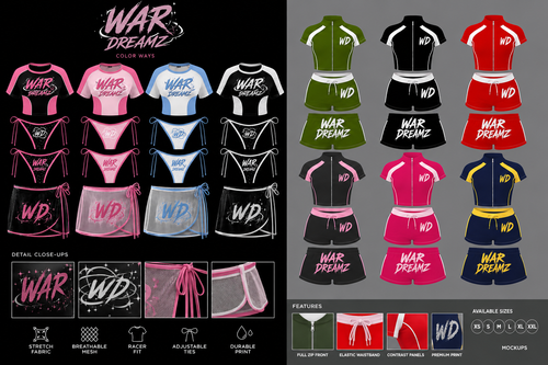 War Dreamz athletic wear/swim wear collection with various outfits and color options.